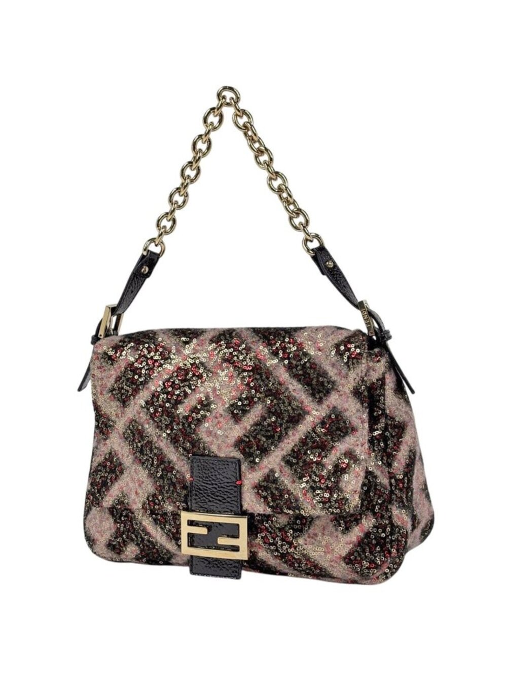 Fendi Zucca Pattern Mamma Bucket Sequin Shoulder Wool Pink Black